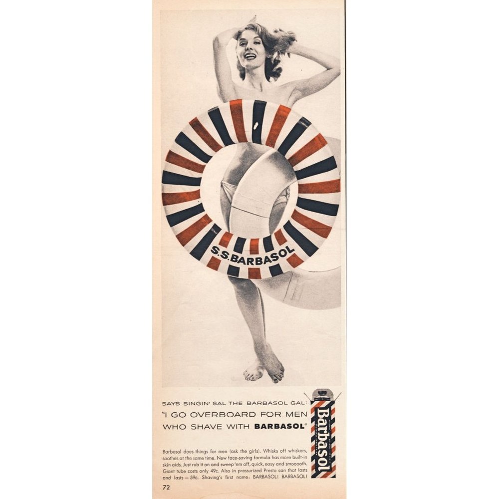 1956 Barbasol Shave Cream Vintage Print Ad Topless Bikini Girl Life Preserver